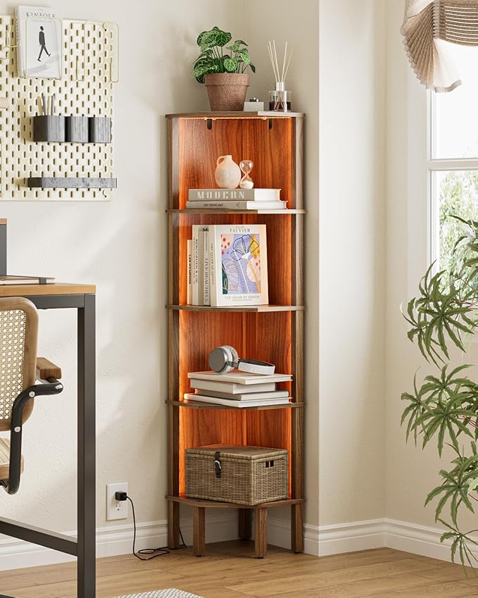 Corner Shelf Stand, 5 Tier Corner Bookshelf,Corner Furniture for Bedroom Display Corner Shelf for Small Space,Wood Shelves with Storage Rack for Living Room,Office,Walnut