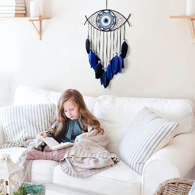 Dremisland Evil Eye Dream Catcher-Blue Black Dream Catchers Handmade Feather Evil Eye Wall Hanging Ornament Home Decor for Bedroom Livingroom Yard, Blessing Craft Gift Bring Good Luck (Blue-Black)