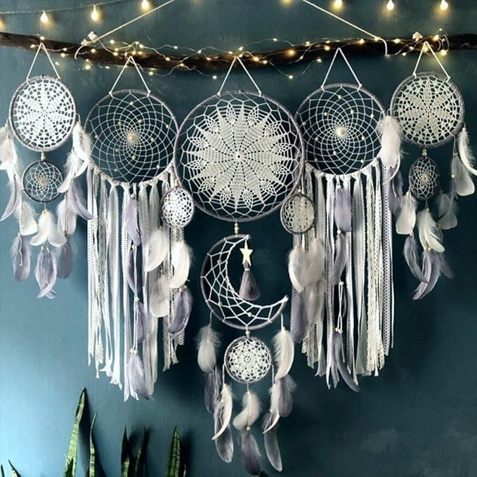 Set of 5 Boho, Hanging Large Boho Dream Catcher Wall Hanging Moon Dream Catcher Set Dream Catchers Wall Decor for Vintage Wedding Home Decorations (Grey)