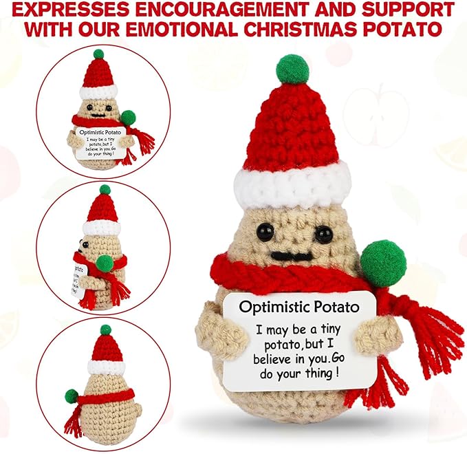 DAFURIET Positive Christmas Potato, 3 inch Knitted Wool Doll with Card for Cheer Up Gifts and Party Decorations, Cute Wool Potato Crochet Doll for Birthday Gifts (Christmas Potato)