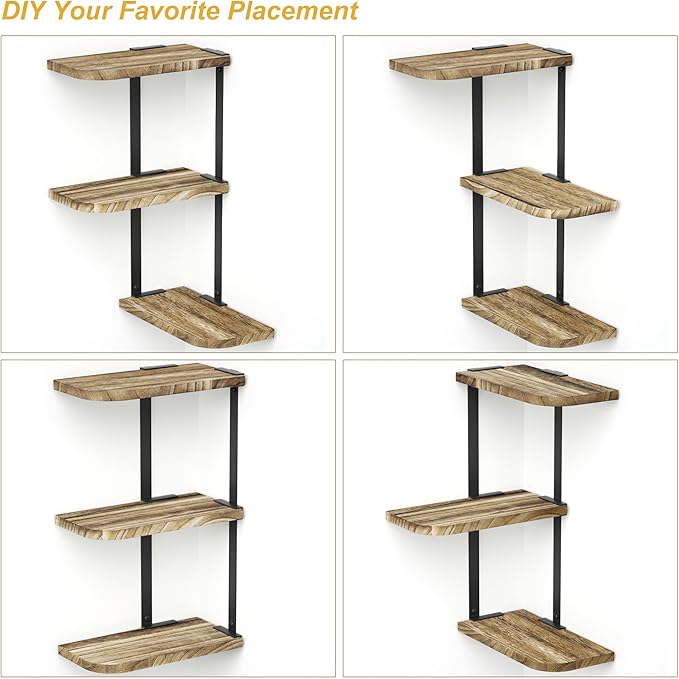 Love-KANKEI Corner Shelf Wall Mount of 3 Tier Rustic Wood Floating Shelves for Bedroom Living Room Bathroom Kitchen Office and More Carbonized Black