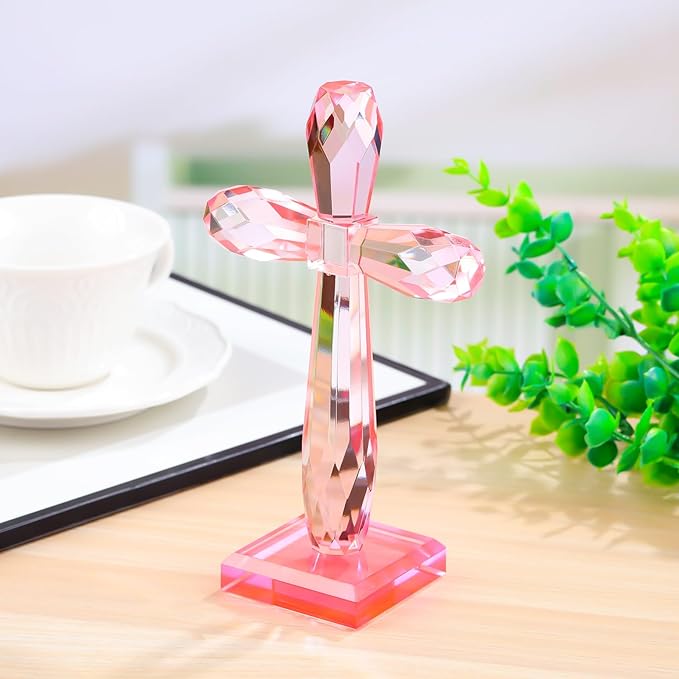 YWHL Handmade Crystal Standing Cross Decor, Religious Gifts for Women Men, Holy Cross for Easter Pary, Art Collectible Figurines for Home Table (Pink)