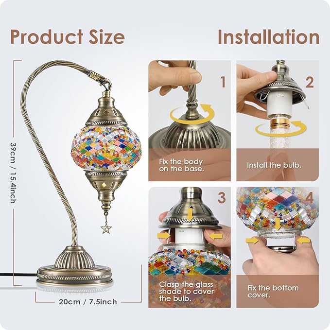 Yarra-Decor Turkish Moroccan Lamp with Bronze Base 3-Way Color Changing Handmade Swan Neck Tiffany Mosaic Glass Bedside Lamps for Bedroom (LED Bulb Included) (Colorful)