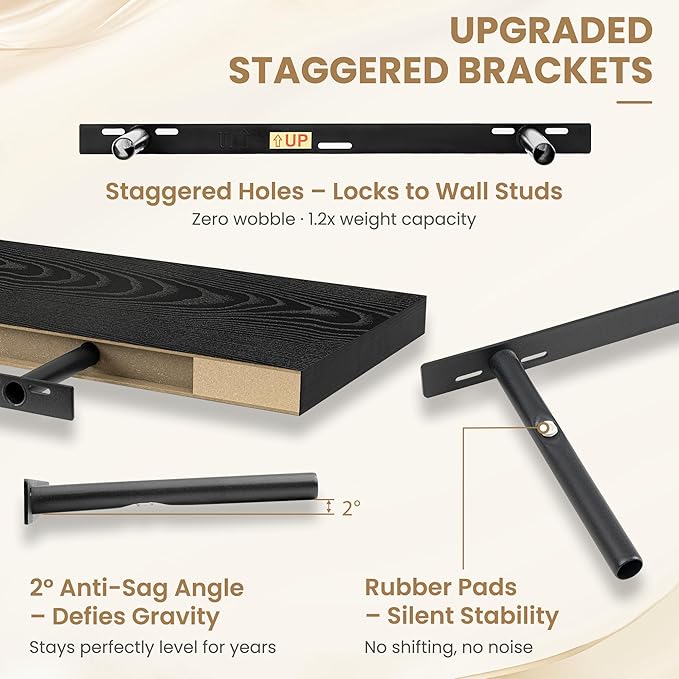 FLYJOE 24 Inch Long Floating Shelves for Wall Set of 1, 12" D Wood Grain Bathroom Shelves with Invisible Brackets, Easy Install Engineered Wood Storage Shelves for Kitchen, Living Room, Bedroom