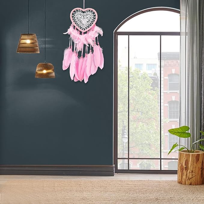Dream Catcher,Lovely Heart Shape Dreamcatcher Handmade Lace Dream Catcher Feather Bead Wall Hanging Boho Woven Art Ornament Gift Craft Dreamcatcher Wind Chimes for Home Children Bedroom Decor (Pink)