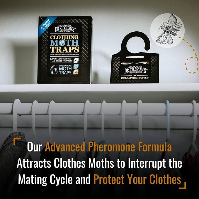 Dr. Killigan's Premium Double Potent Clothing Moth Traps with Pheromones Prime - Trap with Lure for Clothes Closets & Carpet - Case Making & Web Spinning Moth Prevention (20 Pack, Black)