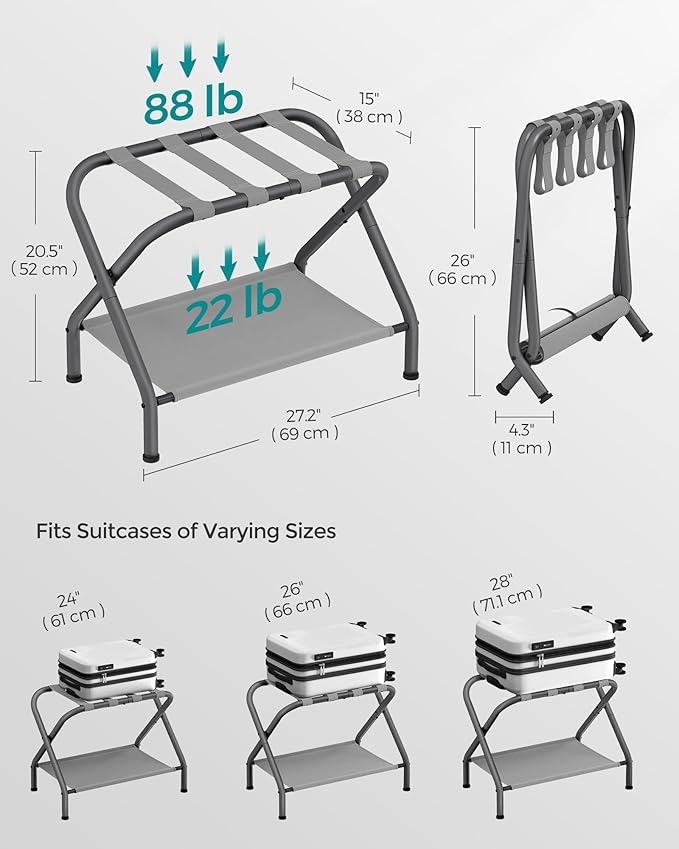 SONGMICS Luggage Racks, Set of 2, Suitcase Stand with Fabric Storage Shelf, for Guest Room, Bedroom, Hotel, Foldable, Holds up to 110 lb, 27.2 x 15 x 20.5 Inches, Slate Gray URLR002G02