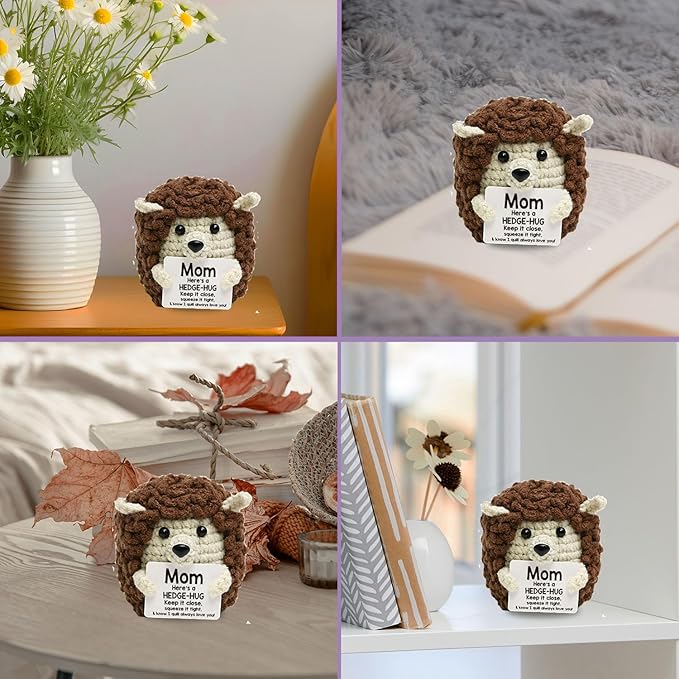 Inspirational Handmade Crochet Hedgehog, Positive Emotional Support Brown Hedgehog, Valentine's Day Gift, Birthday Thanksgiving Basket Gift for Home Decorations