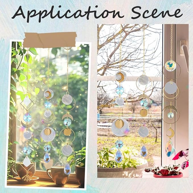 SUNNYCLUE 1 Box DIY 8 Sets Suncatcher DIY Kits Rainbow Maker Suncatcher Hanging Gold Moon Summer Capiz Shell Colorful Glass Crystal Rainbow Maker Sun Catchers for Window Indoor Outdoor Door Decors