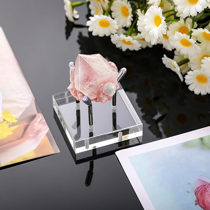 Weysat 4 Pack Clear Acrylic Display Stand, Metal 3 Peg Rock Display Easel Stands for Fossil Coral Crystal Geodes Rock Mineral Agate Small Collectibles Acrylic Holder (2.4”x2.4”x2.4”,Silver)