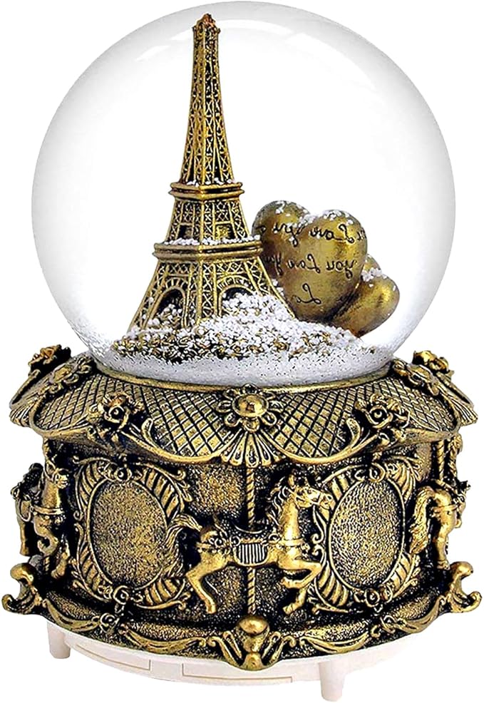 LED Music Snow Globe Vintage Eiffel Tower Buildings Embedded Carousel Retro Home Decoration for Book Shelf Cabinet Floating Board Office Desk Table Top Decor Centerpieces Ornament (Gold)