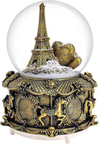 LED Music Snow Globe Vintage Eiffel Tower Buildings Embedded Carousel Retro Home Decoration for Book Shelf Cabinet Floating Board Office Desk Table Top Decor Centerpieces Ornament (Gold)