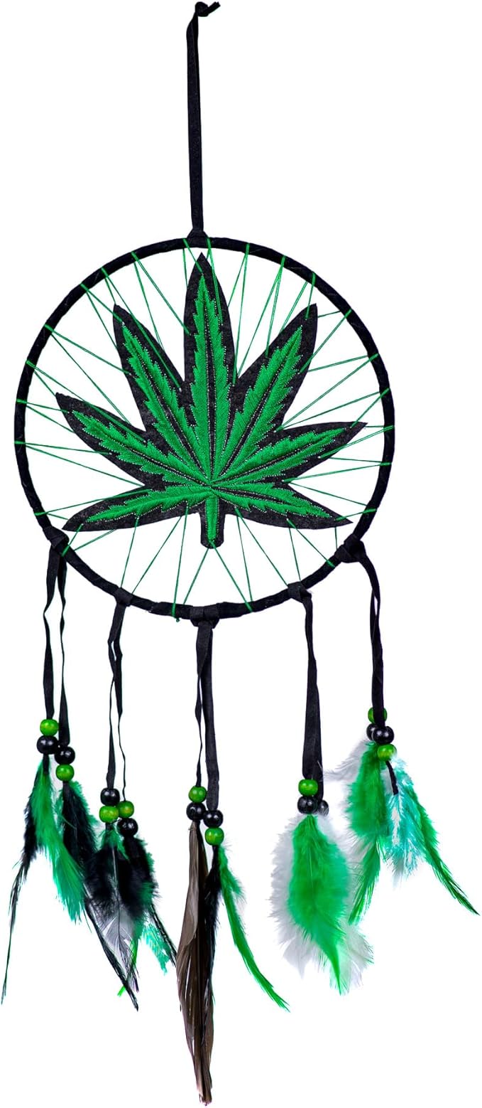 Marijuana Leaf Pot Weed Embroidered Dream Catcher (16 Inches Long)