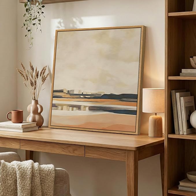Framed Neutral Abstract Landscape Wall Art for Living Room, Square Mid Century Modern Canvas Paintings Prints Artwork for Walls, Minimalist Scenic Pictures Wall Decor for Bedroom Home Office, 24x24 In