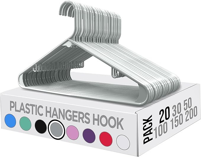 Utopia Home Plastic Hangers 20 Pack - Space Saving Clothes Hanger - Durable & Strong Closet Organizers and Storage with Built-in Strap Hooks - Essential for Shirts, Pants, Skirts & Coats (Grey)