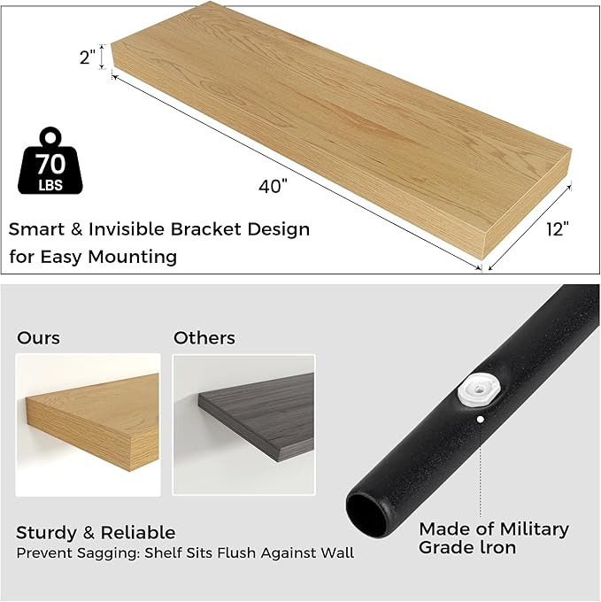 Venusmiles Floating Shelves for Wall, 40" W x 12" D x 2" H, 1 Pack of Long Wall Mounted Engineered Wood Shelves with Invisible Brackets for Living Room, Bedroom, Bathroom, Kitchen Decor, Oak