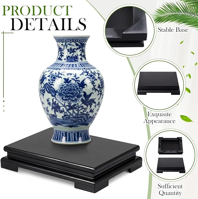 Chunful 2 Pcs Rectangle Wooden Display Stand Wood Vase Display Base Black Pedestal Stand Rectangle Vase Riser for Vases Teapot Trophy Collectibles Aquarium Lamp Home Decoration(10.2 x 8.9 x 1.8 Inch)