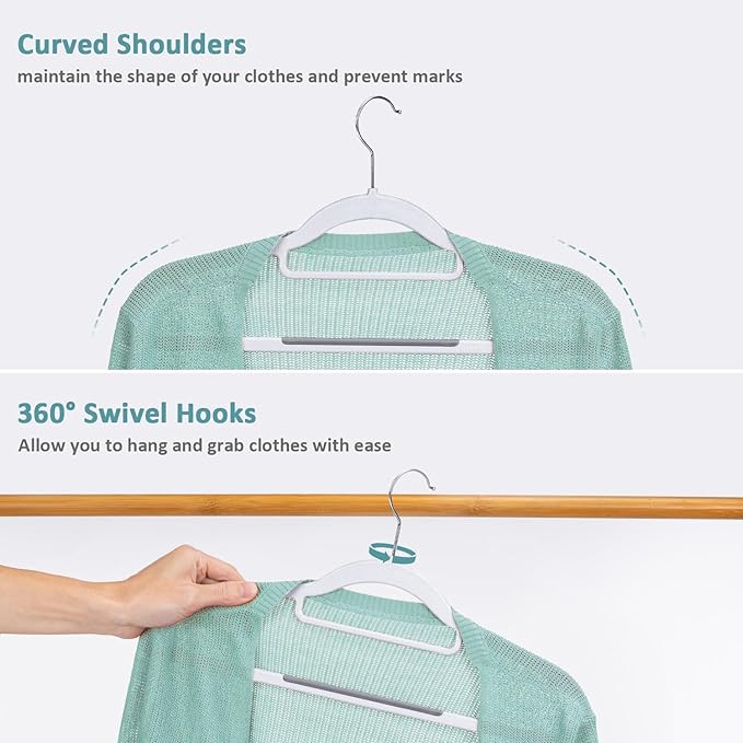 50-Pack Coat Hangers, Space Saving Plastic Clothes Hangers, Non-Slip, 0.2 Inches Slim, 16.53 Inches Wide, 360° Swivel Silver Hook for Shirts, Pants & Wet/Dry Garments, White and Dark Gray