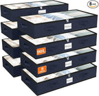 SpaceWhisper 90L Under Bed Storage Containers, 8-Pack Storage Bins with Clear Top, Foldable Closet Organizers and Storage with Label Holder for Clothing, Blankets, Comforter & Pillows(Blue)