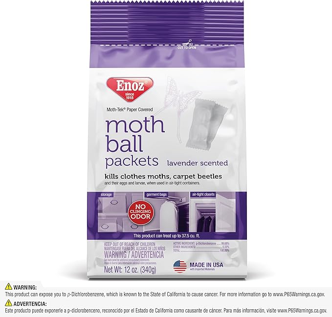 Enoz Lavender Scented Moth Ball Packets, Kills Clothes Moths, Carpet Beetles, Eggs and Larvae, 12 oz Resealable Bag (Pack of 3)