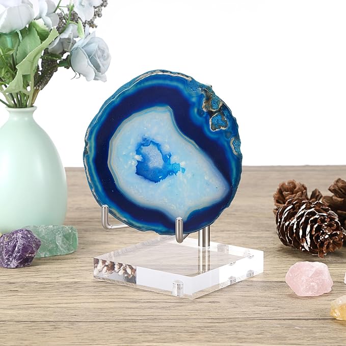 Hipiwe Clear Acrylic Display Stand Holder with Adjustable Metal Arms Display Easel Stands for Gemstones Fossils Minerals Agate Slabs Plates Crystals Saucers Collectibles, 3.1x3.1x4.9 inch