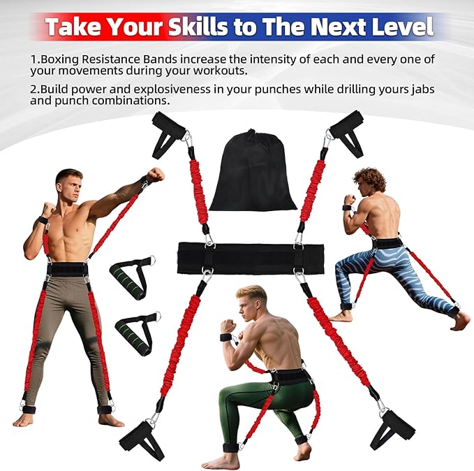 Boxing Resistance Bands Set for Boxing MMA Martial Arts Training Equipment, 150lbs Exercise Bands with Cuffs & Belt, Workout Band for Resistance Training Enhance Explosive Power/Speed/Agility