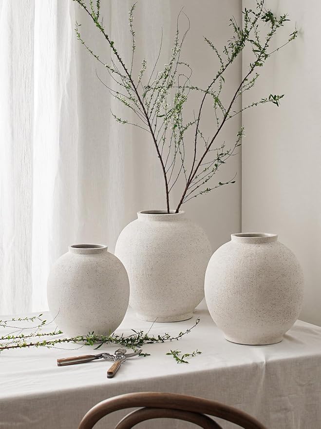 Ceramic Rustic Vase, 10.8 Inch Farmhouse Minimalist Tall Flower Vase for Table, Living Room, Home Decor, Bathroom, Holiday, Wedding, Set of 1, Sandstone White