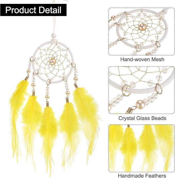 uxcell 2pcs Dream Catchers, Small Handmade Feather Dreamcatcher Supplies Car Charm with Crystal Beads Wall Hanging Decor for Home Car Decoration Ornament Women Friend Gift, Yellow