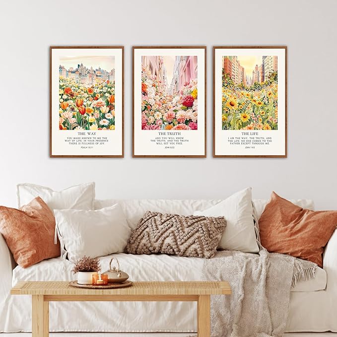 KAlRNE Christian Floral Framed Canvas Wall Art Set of 3(16”X24”),Bible Verse Cityscape Wall Decor,Vintage Colorful Flower Picture Inspirational Scripture Art Prints For Living Room Bedroom Church
