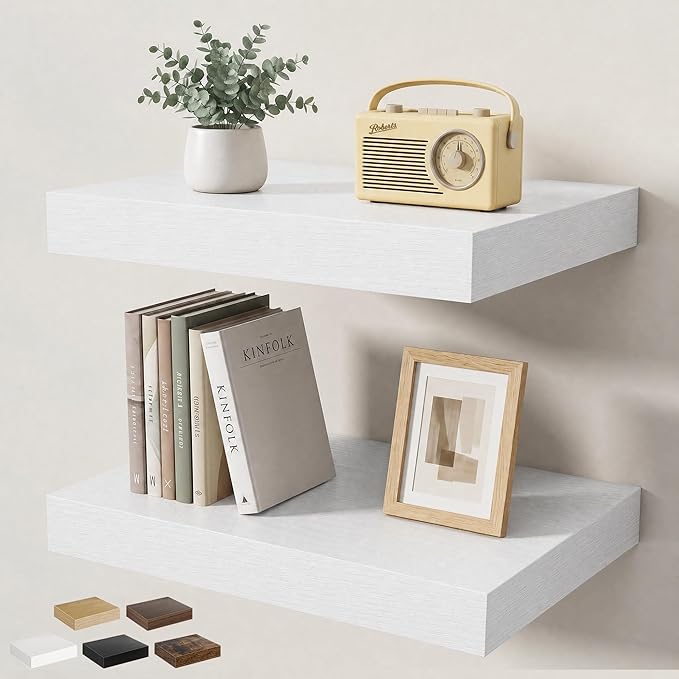 Floating Shelves for Wall 16 in x 9.3 in Deep, Wall Mounted Rustic Wood Shelf with Invisible Brackets for Storage & Display, Living Room Bedroom Bathroom, White, 2 Pack