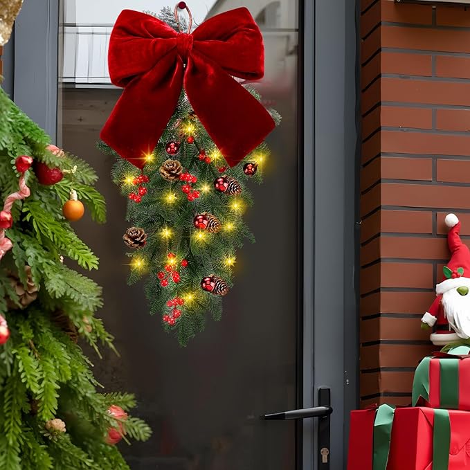 Yunlly 24" Pre Lit Christmas Teardrop Swag Battery Operated Christmas Red Bowknot Swag with Lights, Pine Cones, Pine Branches, Xmas Wreath Garland Ornament for Indoor Outdoor Home Hanging Decor