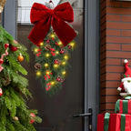 Yunlly 24" Pre Lit Christmas Teardrop Swag Battery Operated Christmas Red Bowknot Swag with Lights, Pine Cones, Pine Branches, Xmas Wreath Garland Ornament for Indoor Outdoor Home Hanging Decor