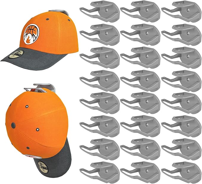 24 Pack Adhesive Hat Hooks for Wall, Strong Hat Rack for Baseball Caps, Minimalist Hat Organizer Display for Home Decor, Hat Hold Hanger for Wall, Door, Closet, No Drilling - USA Patented (Grey)