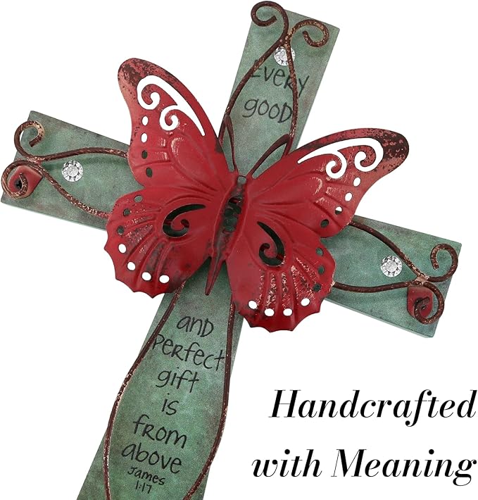 INHAI Handcrafted Christian Wall Cross 9x7,James 1:17 Verse on Wood with Antiqued Metal,Mother's Day Inspirational Home Decor Gift(Red)