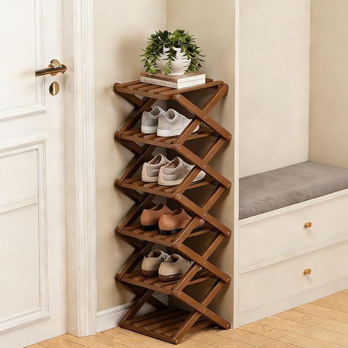 The 9-Tier No-Assembly Bamboo Rack, Foldable Space-Saving Organizer for Shoes, No Assembly Narrow Shoe Shelf for Entryway Closet Dorm (Brown, 6)