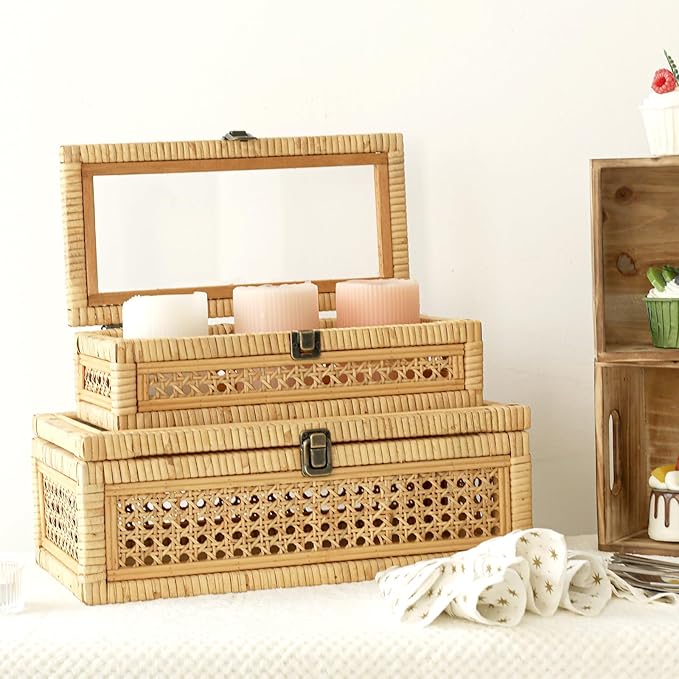 DECOR4SEASON Rattan and Cane Stacking Boxes with Glass Top Lid - Set of 2 for Boho, and Rustic Farmhouse Decor