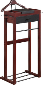 Proman Products Winston Freestanding Wooden Clothes Valet Stand Organizer with Hanger, Pant Rod, Drawer, Tie hook, Tray, Shoe Rack for men and women (Mahogany)