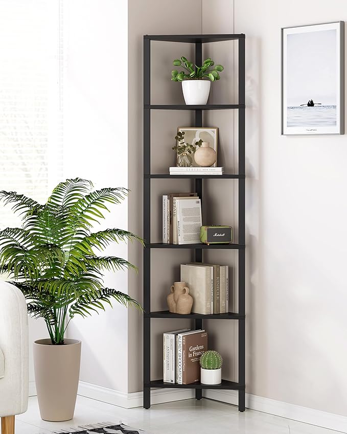 TUTOTAK Corner Shelf, 6-Tier Corner Bookshelf for Small Space, Narrow Display Corner Shelf Stand with Storage Rack, for Living Room, Bedroom, Black BS05BK006