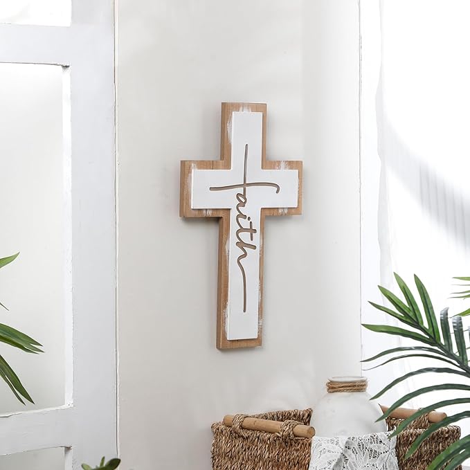 TRENDIN Rustic Wood Cross Wall Decor, Wooden Cross with Faith Cutout, Vintage Farmhouse Christian Home Decor for Living Room, Entryway, Bedroom, Religious Inspirational Gifts
