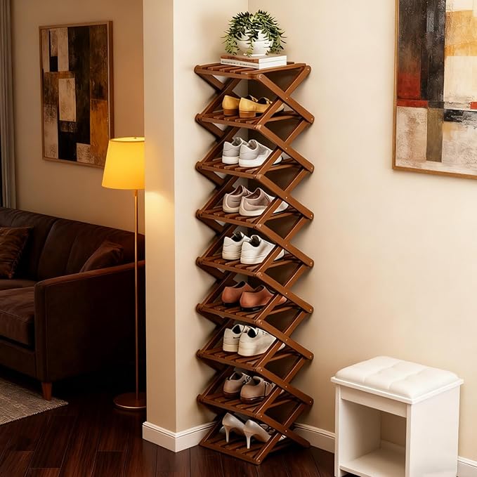 The 9-Tier No-Assembly Bamboo Rack, 2026 Upgraded Foldable Bamboo Shoe Rack, Space-Saving Organizer for Shoes, No Assembly Narrow Shoe Shelf for Entryway Closet Dorm (Brown,7-Tier)