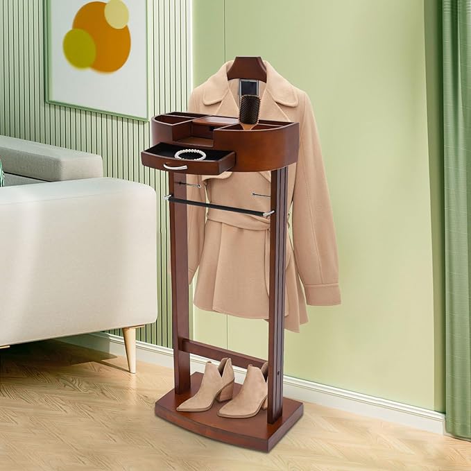 LOYALHEARTDY Valet Stand for Men, Clothes Valet Stand with Drawer, Vintage Suit Stand with Charging Station, Wooden Suit Rack & Trouser Holder,Coat & Tie Organizer for Bedroom Office (Walnut Color)