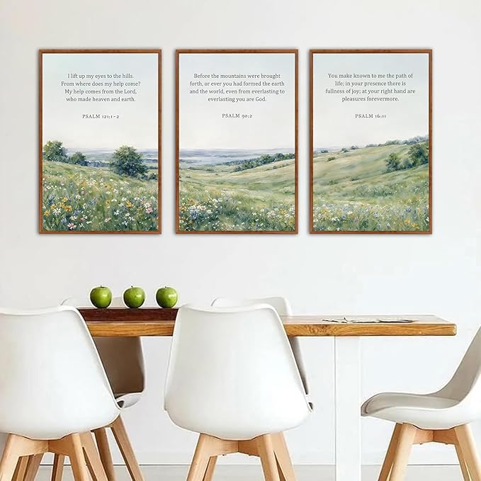 KAlRNE Natural Christian Framed Canvas Wall Art Set of 3(24”X36”),Religious Bible Verse Wall Decor,Vintage Inspirational Scripture Painting,Botanical Green Art Prints For Living Room Bedroom Church