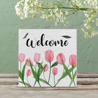 Flower Tulips Spring Wooden Box Sign Farmhouse Spring Welcome Wood Box Sign Art Blocks Desk Sign Rustic for Shelf Tabletop Home Decor 5 X 5 Inch