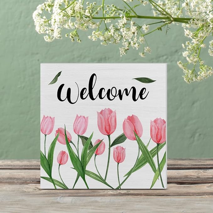 Flower Tulips Spring Wooden Box Sign Farmhouse Spring Welcome Wood Box Sign Art Blocks Desk Sign Rustic for Shelf Tabletop Home Decor 5 X 5 Inch