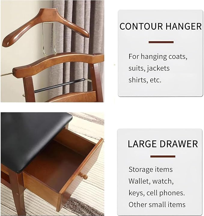 Chair Valet With Drawer,Wooden Suit Valet Stand With Contour Hanger,Trouser Bar & Tie Bar - Freestanding Clothing Organizer For Men & Women,Ideal For Office & Hotel