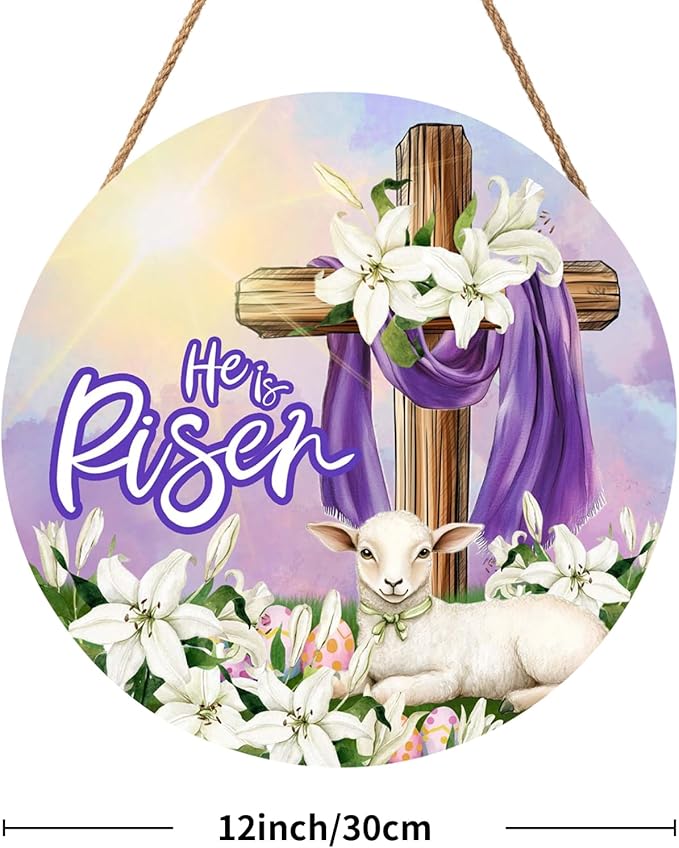 He is Risen Easter Religious Cross Sign for Front Door 12"x12" Spring Sunrise Lamb Door Hanger for Outdoor Outside Porch Christian Lily Flowers Wooden Wreath Easter Wall Hanging Decoration for House