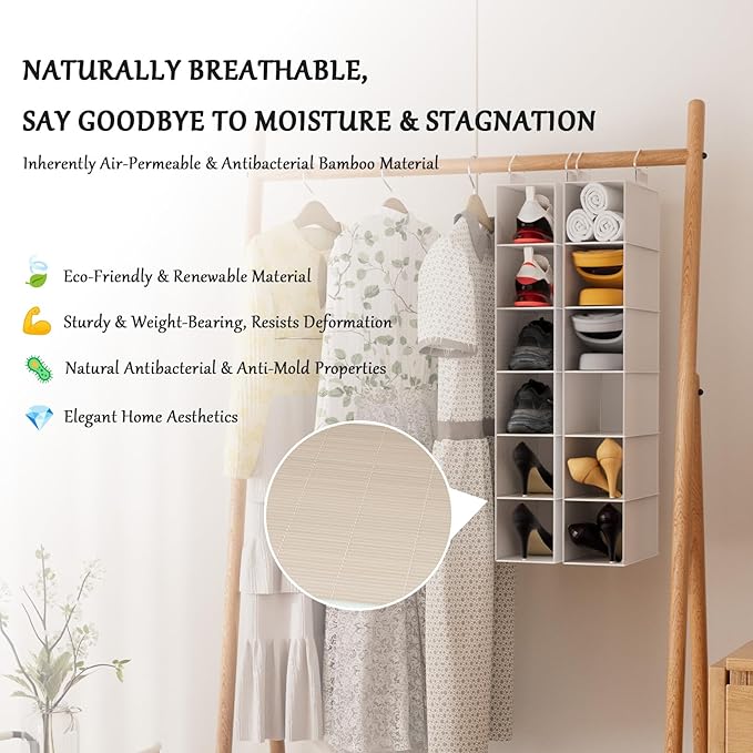 VERONLY Hanging Shoe Shelves - 6 Section,Closet Organizer Set of 2 with Woven Bamboo Shelves,Slim 5.5” Wide Design for Space-Saving Storage,White
