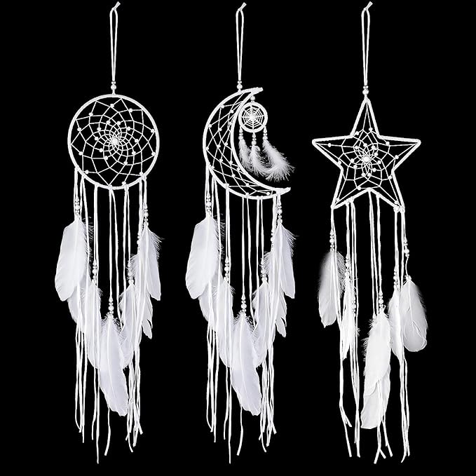 Jetec 3 Pcs Dream Catcher Moon Sun Star Design Handmade Traditional Craft Ornament Wall Art Hanging Home Decoration for Bedroom Room Decor Wedding Halloween Christmas Decorations Gift(White)