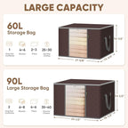 BALEINE 3 Pack Clothes Storage Bags, 24 Gallon Storage Containers with Reinforced Handle, Sturdy Zipper, Closet Organizer for Blanket, Comforter, Pillow, Bedding (Brown, 3 Pack)