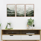 KAlRNE Natural Mountain Framed Canvas Wall Art Set of 3(16”X24”),Textured Sage Green Wall Decor,Neutral Watercolor Forest Picture Snowy Landscape Art Prints For Living Room Bedroom Office